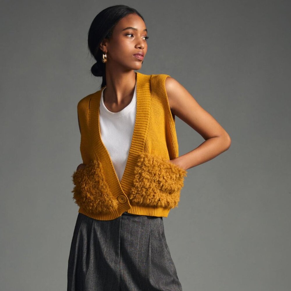 Yellow Anthropologie Fur Pocket Vest (NWT)